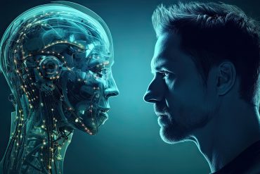 Abstract image of man facing stylised robot – face to face