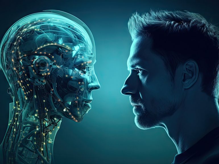 Abstract image of man facing stylised robot – face to face