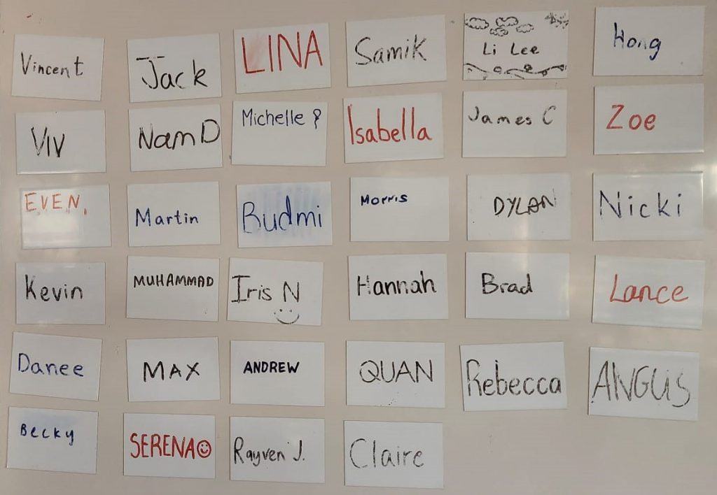 Whiteboard magnets with student names