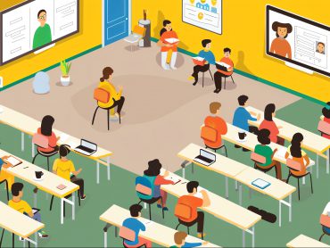 A classroom with students and teachers participating in a hybrid learning session. Adobe Stock Education Licence