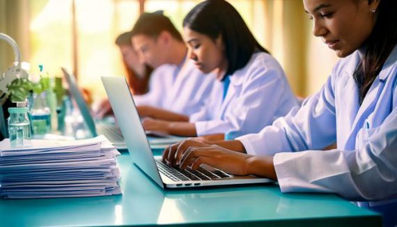 A classroom of students wearing lab coats and using laptops