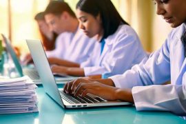 A classroom of students wearing lab coats and using laptops