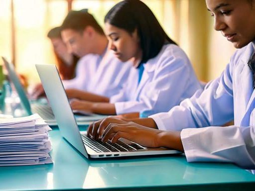 A classroom of students wearing lab coats and using laptops