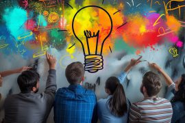 A group of people standing below a lightbulb icon and colourful scribbles symbolising brainstorming