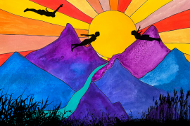 A colourful illustration of silhouetted figures flying above purple mountains and a vibrant sun.