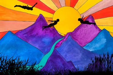 A colourful illustration of silhouetted figures flying above purple mountains and a vibrant sun.