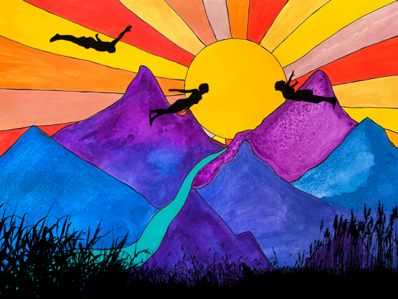 A colourful illustration of silhouetted figures flying above purple mountains and a vibrant sun.