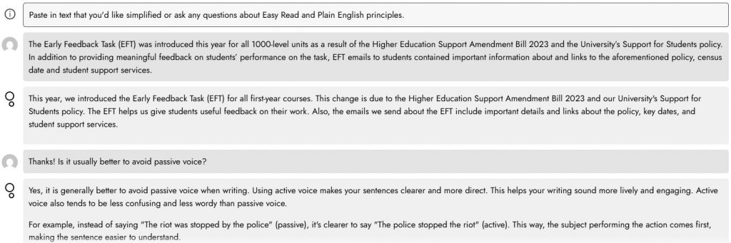 A screenshot of a conversation with the Simple English Converter showing simplification of a text and a question asking about best practice.
