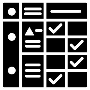 A black and white square glyph of a rubric