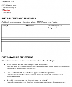 Part 1: Prompt and responses Part 2: Learning Reflections: a. What have you learned about using AI in this assignment? You should reflect on your understanding of ethical AI usage, the challenges you have faced and the insights you have gained about integrating AI to your work b. How has the use of AI impacted your approach to the assignment? Here, you are encouraged to briefly discuss how AI influenced your research, analysis and overall assignment execution c. Any additional comments or observations about using AI? Here, feel free to record any other thoughts or experiences you had while using AI for the assignment. 