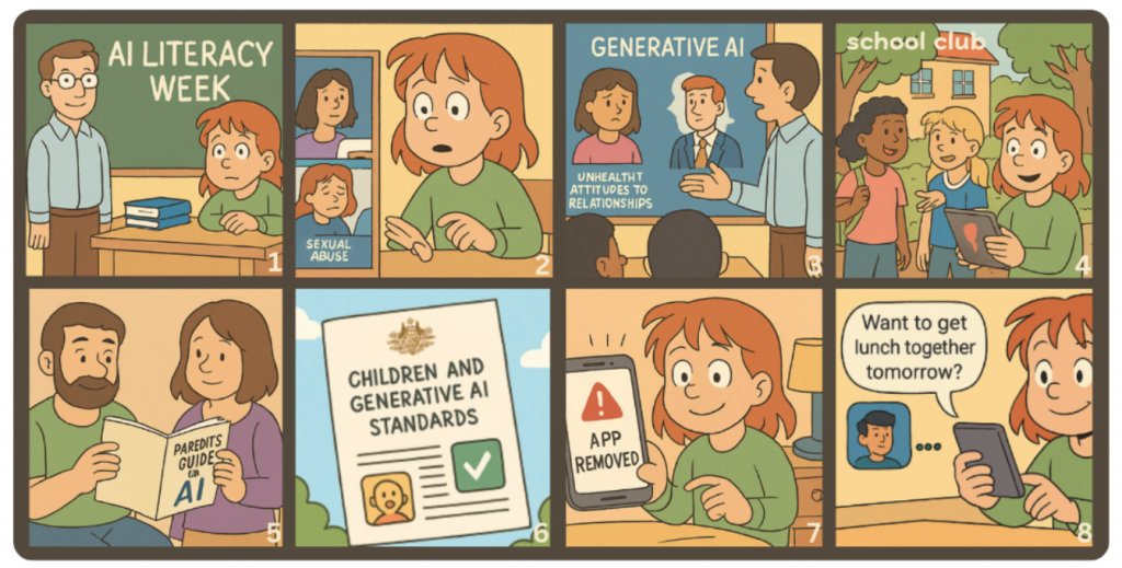 AI-generated cartoon showing a student learning about generative AI during AI Literacy Week, encountering concerns like sexual abuse and unhealthy relationships, followed by peer collaboration, parental guidance, government standards, and safe AI use, ending with a positive social interaction via chat.