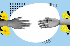 Creative photo collage illustration of handshake human hand robot palm friends working together in peace isolated on blue colour background.