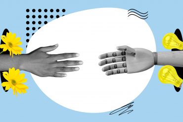 Creative photo collage illustration of handshake human hand robot palm friends working together in peace isolated on blue colour background.