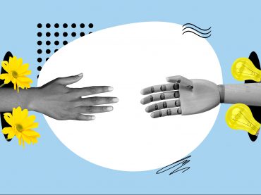 Creative photo collage illustration of handshake human hand robot palm friends working together in peace isolated on blue colour background.