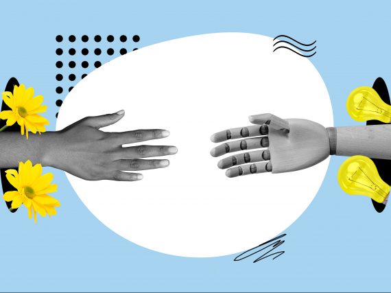 Creative photo collage illustration of handshake human hand robot palm friends working together in peace isolated on blue colour background.