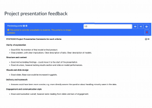 SRES portal showing the feedback given by markers to a particular group. Feedback is given under five categories to all members of the team. 