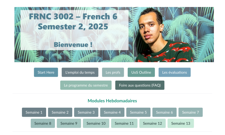 A screenshot of the FRNC3022 homepage, showing a picture of Gaël Faye and general information about the unit's structure.