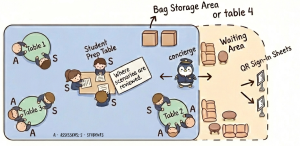 Illustrated floor plan of IOA venue setup showing a large room divided into two areas: a waiting area with seated students and a concierge desk, and a assessment area with 3-4 conversation stations, walking paths, and bag storage. Labels indicate student flow and assessor positions.