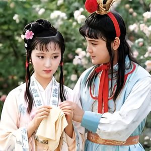 The two main characters of Hong Lou Meng wearing traditional dress and interacting in a gentle manner
