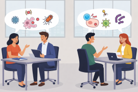 Close-up of two pairs of participants engaged in conversation related to immunology and microbiology, suggesting the interactive dialogue nature of oral assessments.