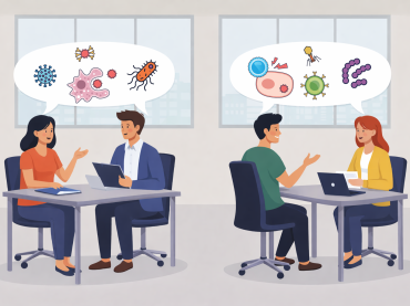 Close-up of two pairs of participants engaged in conversation related to immunology and microbiology, suggesting the interactive dialogue nature of oral assessments.