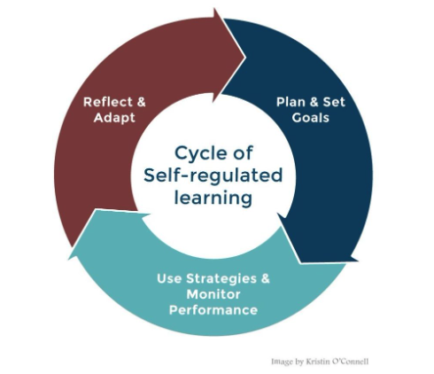 Diagram showing the cycle of self-regulated learning: plan and set goals, use strategies and monitor performance, reflect and adapt.