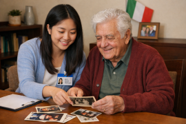 A speech pathology student of Asian background sits beside an elderly man of Italian background at a table, smiling as they look through printed photographs together. The student gently points to one photo while the man holds another, both appearing engaged and happy. A clipboard and more photos rest on the table, suggesting a reminiscence activity in a warm, home-like setting.