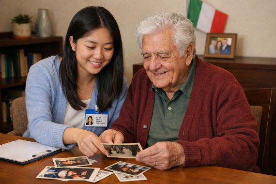 A speech pathology student of Asian background sits beside an elderly man of Italian background at a table, smiling as they look through printed photographs together. The student gently points to one photo while the man holds another, both appearing engaged and happy. A clipboard and more photos rest on the table, suggesting a reminiscence activity in a warm, home-like setting.