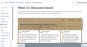 Screenshot of a Canvas Discussions page with a Padlet board embedded directly, showing the board title and student post tiles.