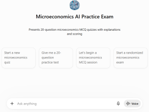 Welcome screen of the "Microeconomics AI Practice Exam" custom ChatGPT, showing four buttons that let students start a 20-question multiple-choice quiz in different ways, plus a box to type their own request.