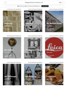 Overview of student produced object biography essays presented in a blog style format, showing the organisation and presentation of individual contributions.